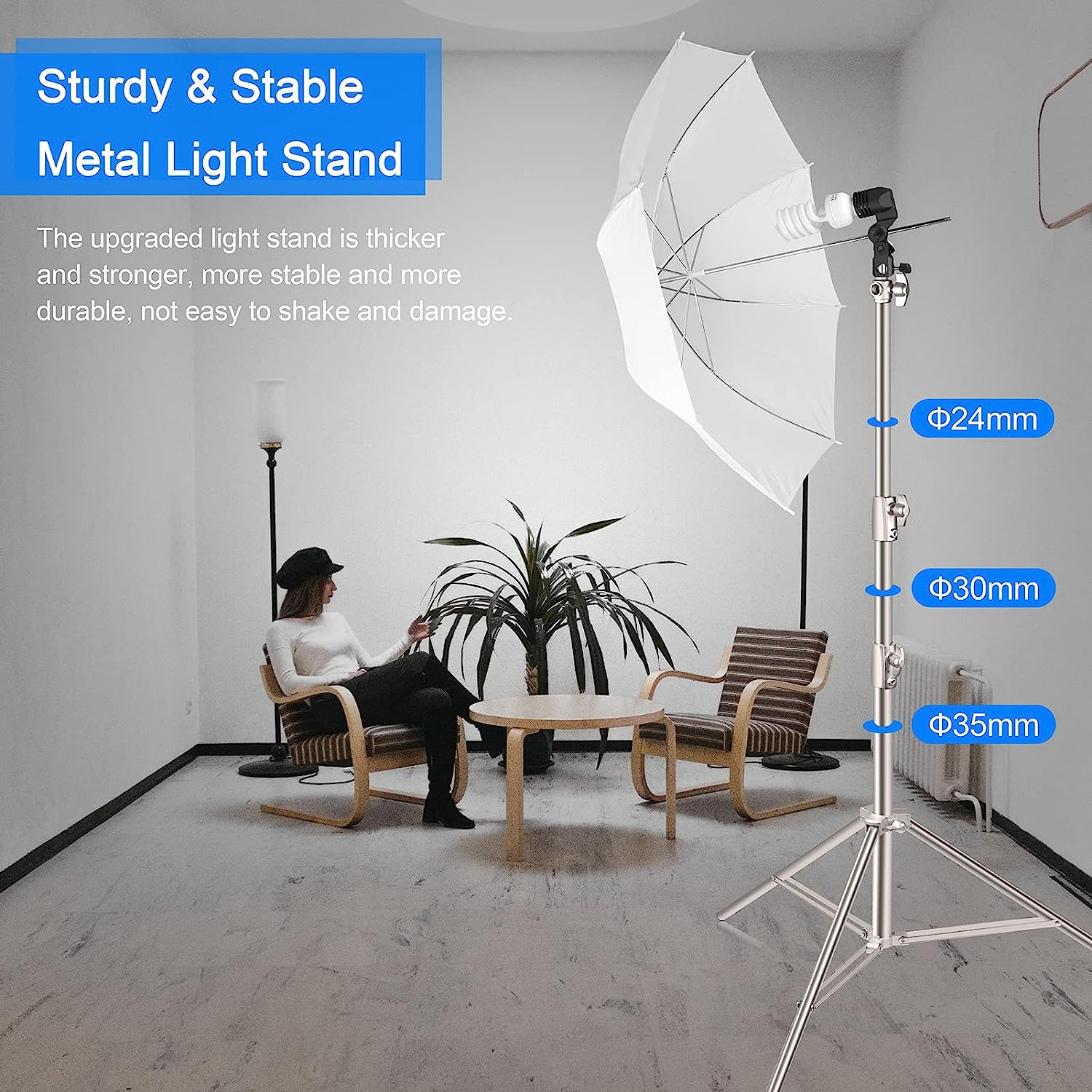 10.8ft Stainless Steel Light Stand with Casters, Spring Cushioned